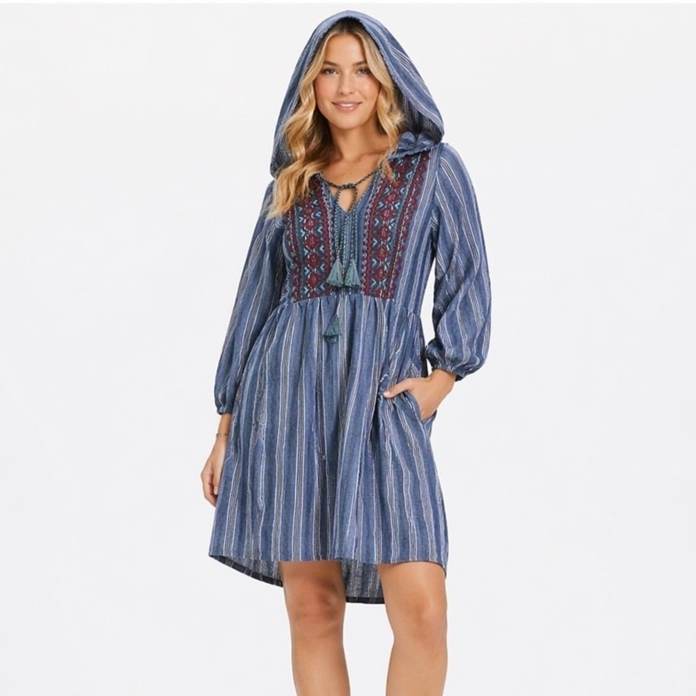Embroidered Front Mini Dress S Hoodie Cotton Coastal Boho Peasant Festival Beach